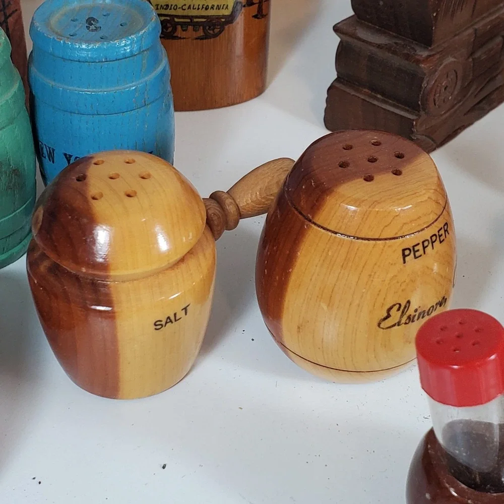 Vintage Lot Salt & Pepper Shakers Wooden Wood Plastic Mix Most Paired Collection
